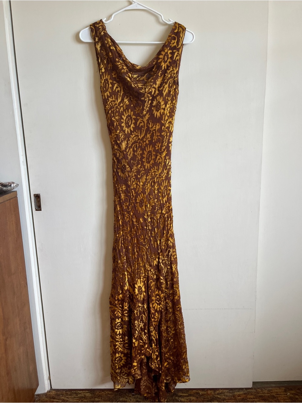 Vintage Lilysilk Gold & Brown Floral Cowl Neck Maxi Dress